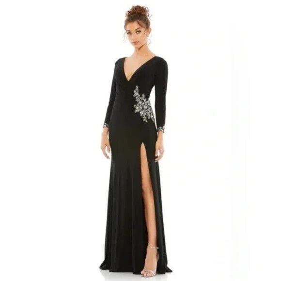 Mac Duggal Dress 41016 Black Floral Embellished Wrap Long Sleeve Gown - Picture 1 of 13